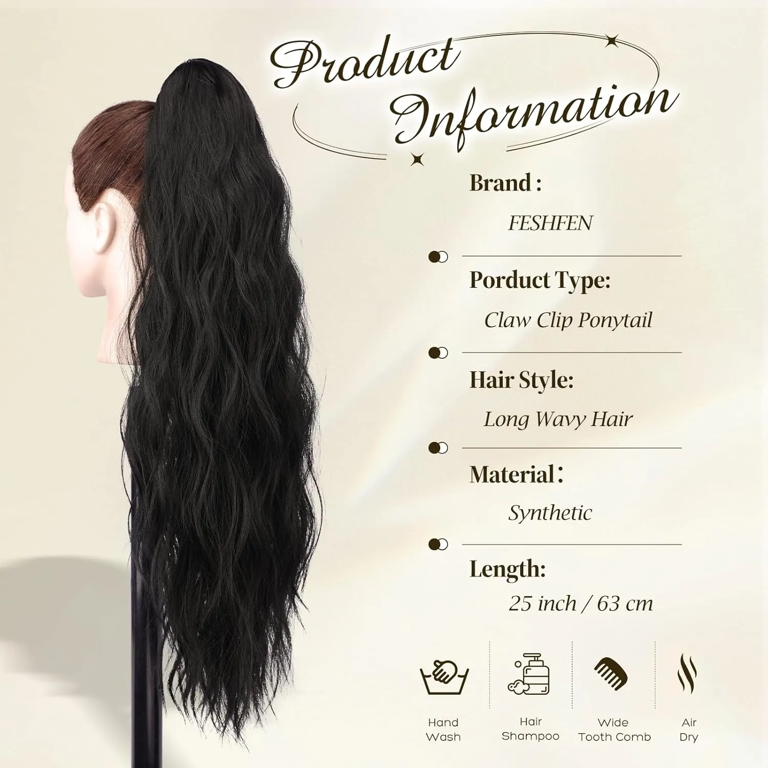 FESHFEN Ponytail Extensions, Long Claw Clip in Ponytail Hairpiece Synthetic Pony Tails Hair Piece Natural Wavy Hairpieces for Women, Black 25 inch