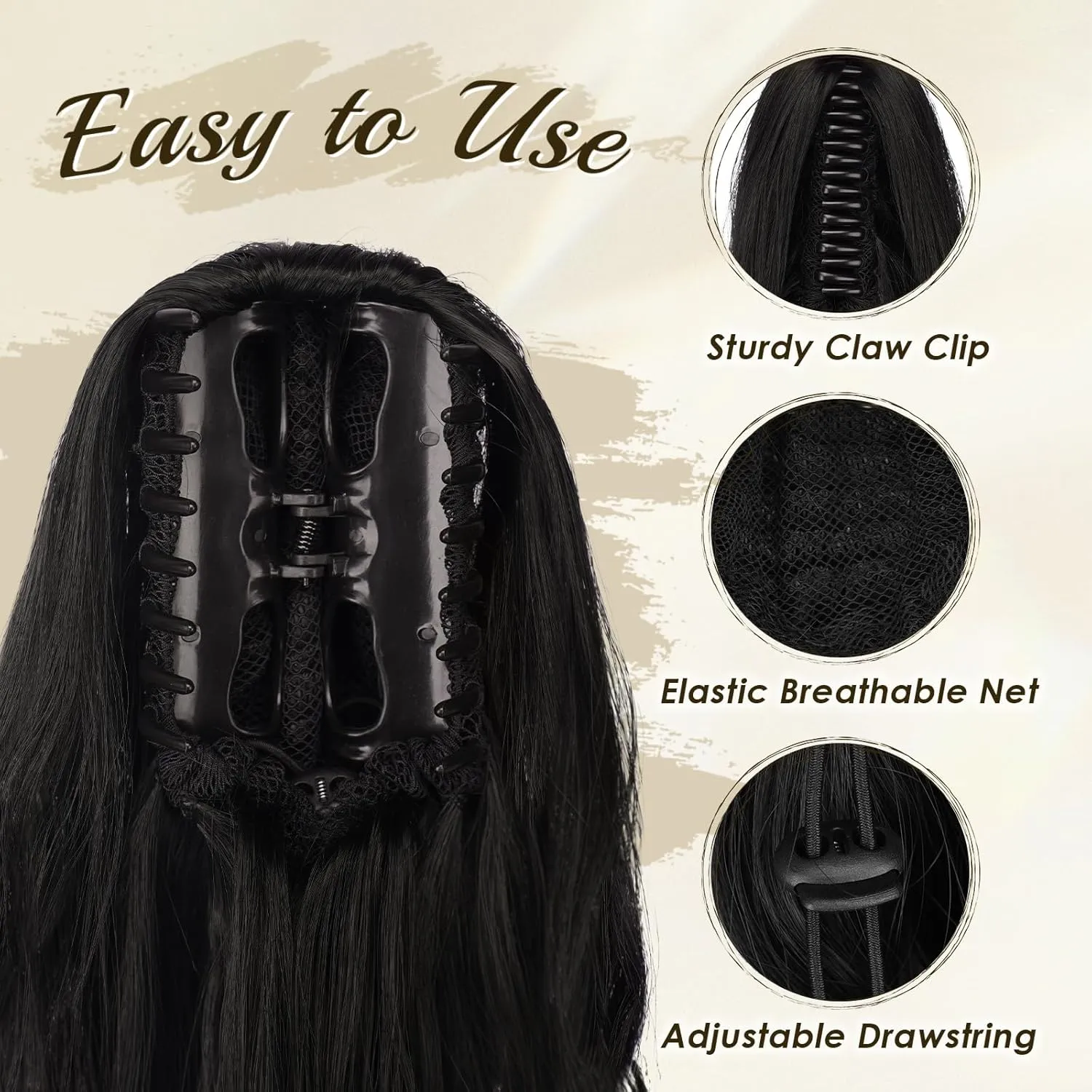 FESHFEN Ponytail Extensions, Long Claw Clip in Ponytail Hairpiece Synthetic Pony Tails Hair Piece Natural Wavy Hairpieces for Women, Black 25 inch