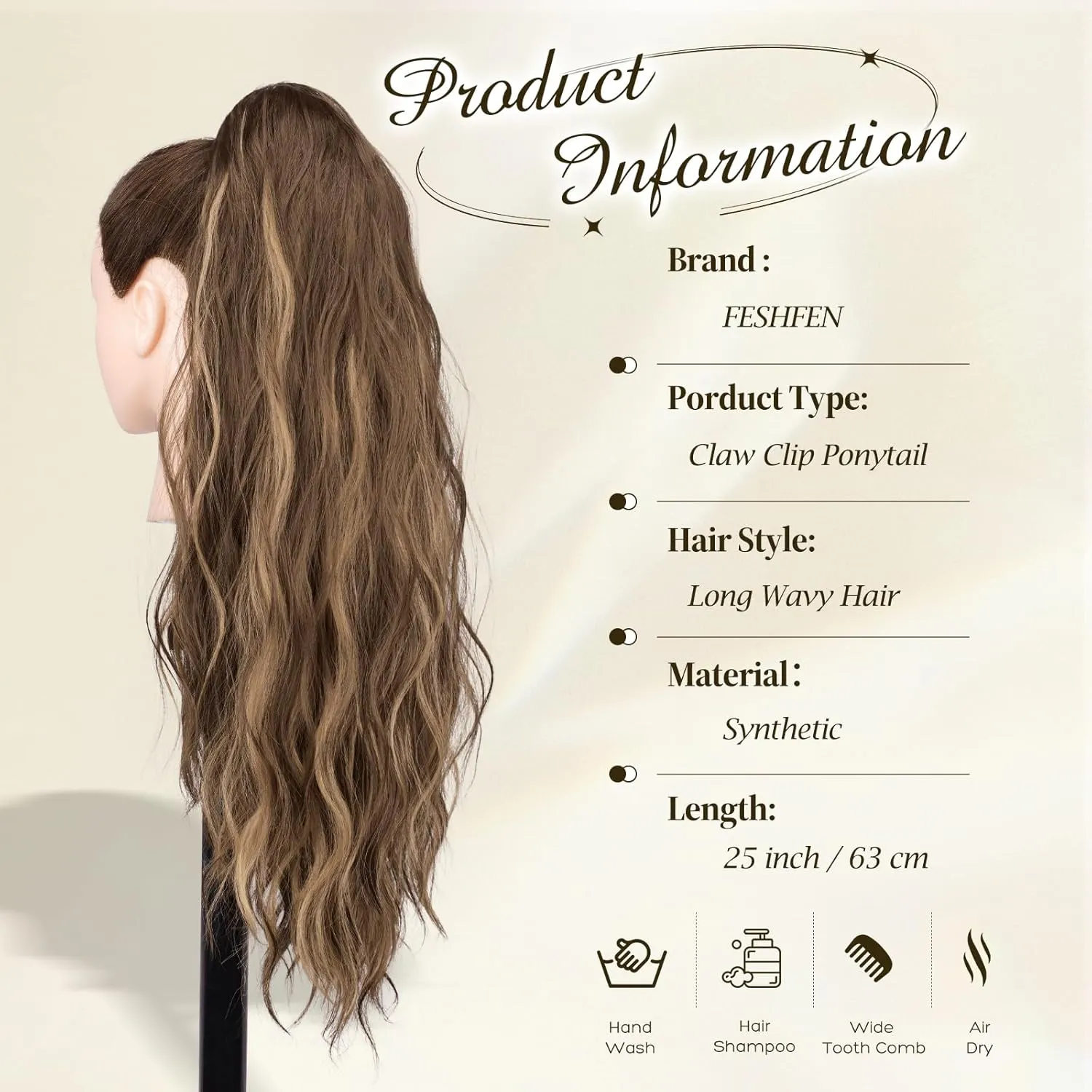FESHFEN Ponytail Extensions, Long Claw Clip in Ponytail Hairpiece Synthetic Pony Tails Hair Piece Natural Wavy Hairpieces for Women, Honey Blonde Mixed Light Brown 25 inch