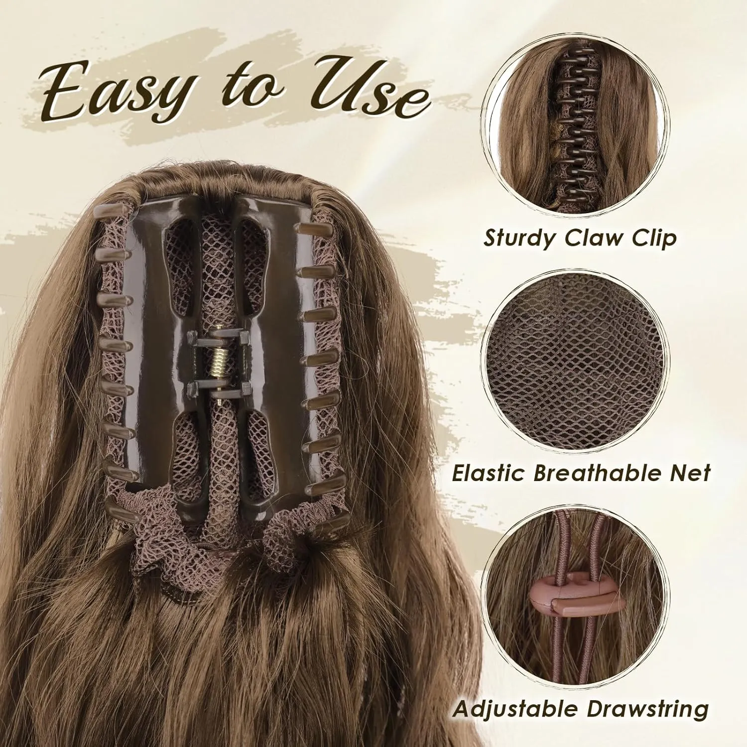 FESHFEN Ponytail Extensions, Long Claw Clip in Ponytail Hairpiece Synthetic Pony Tails Hair Piece Natural Wavy Hairpieces for Women, Honey Blonde Mixed Light Brown 25 inch