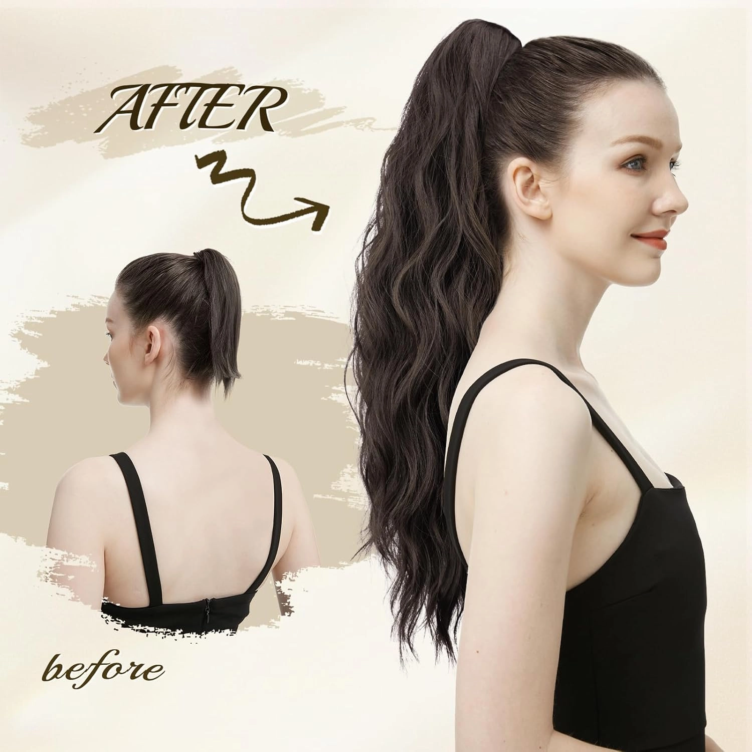 FESHFEN Ponytail Extensions, Long Claw Clip in Ponytail Hairpiece Synthetic Pony Tails Hair Piece Natural Wavy Hairpieces for Women, Natural Black 25 inch