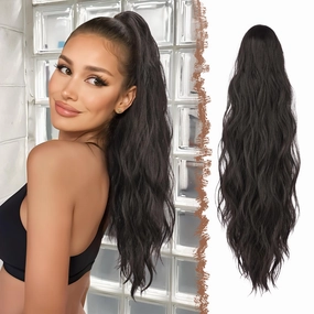 FESHFEN Ponytail Extensions, Long Claw Clip in Ponytail Hairpiece Synthetic Pony Tails Hair Piece Natural Wavy Hairpieces for Women, Natural Black 25 inch