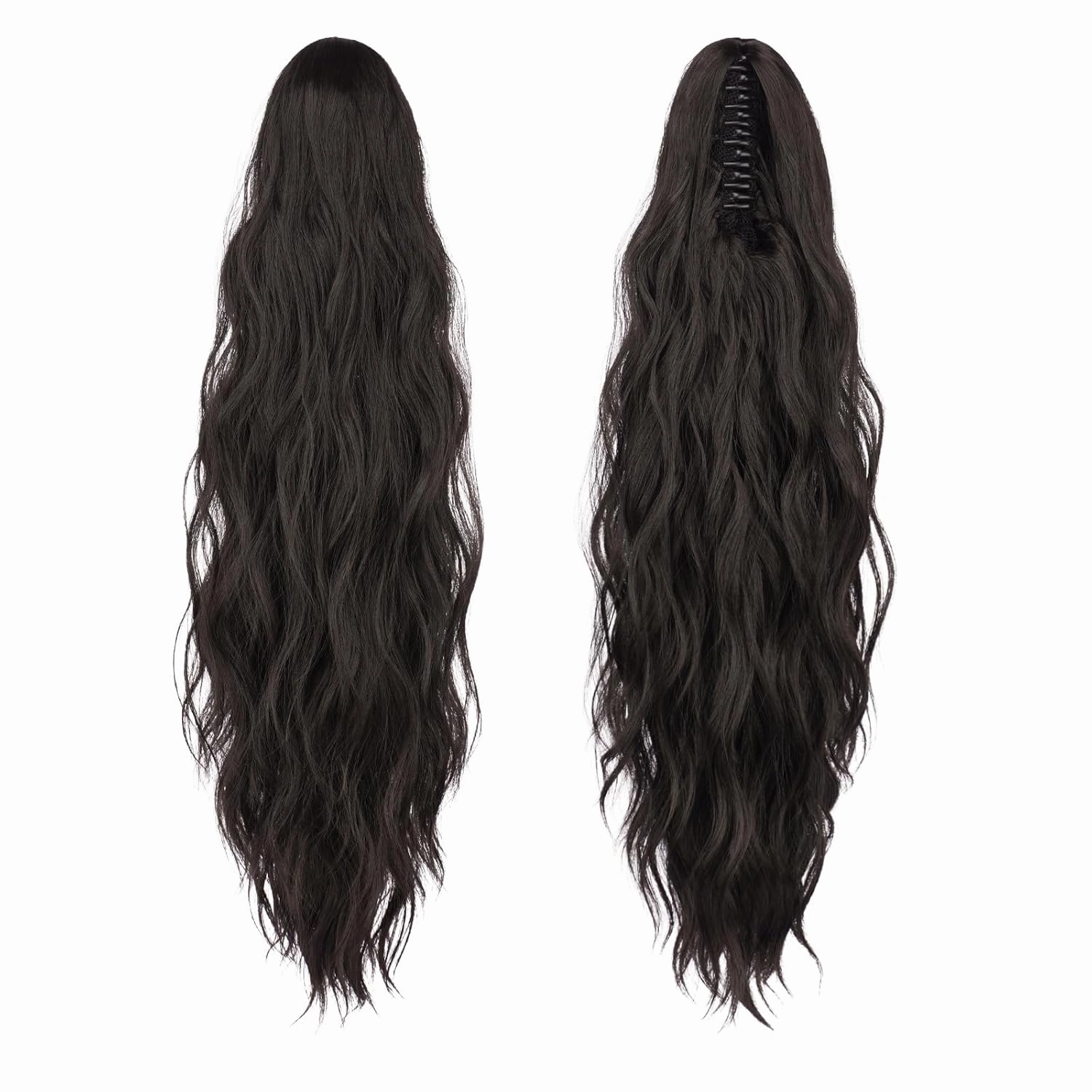 FESHFEN Ponytail Extensions, Long Claw Clip in Ponytail Hairpiece Synthetic Pony Tails Hair Piece Natural Wavy Hairpieces for Women, Natural Black 25 inch