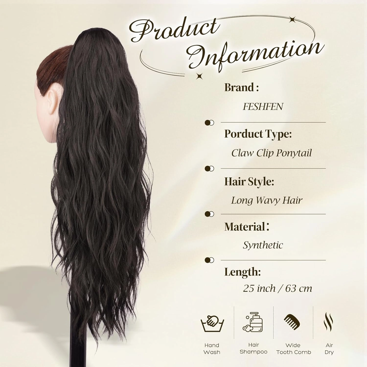 FESHFEN Ponytail Extensions, Long Claw Clip in Ponytail Hairpiece Synthetic Pony Tails Hair Piece Natural Wavy Hairpieces for Women, Natural Black 25 inch
