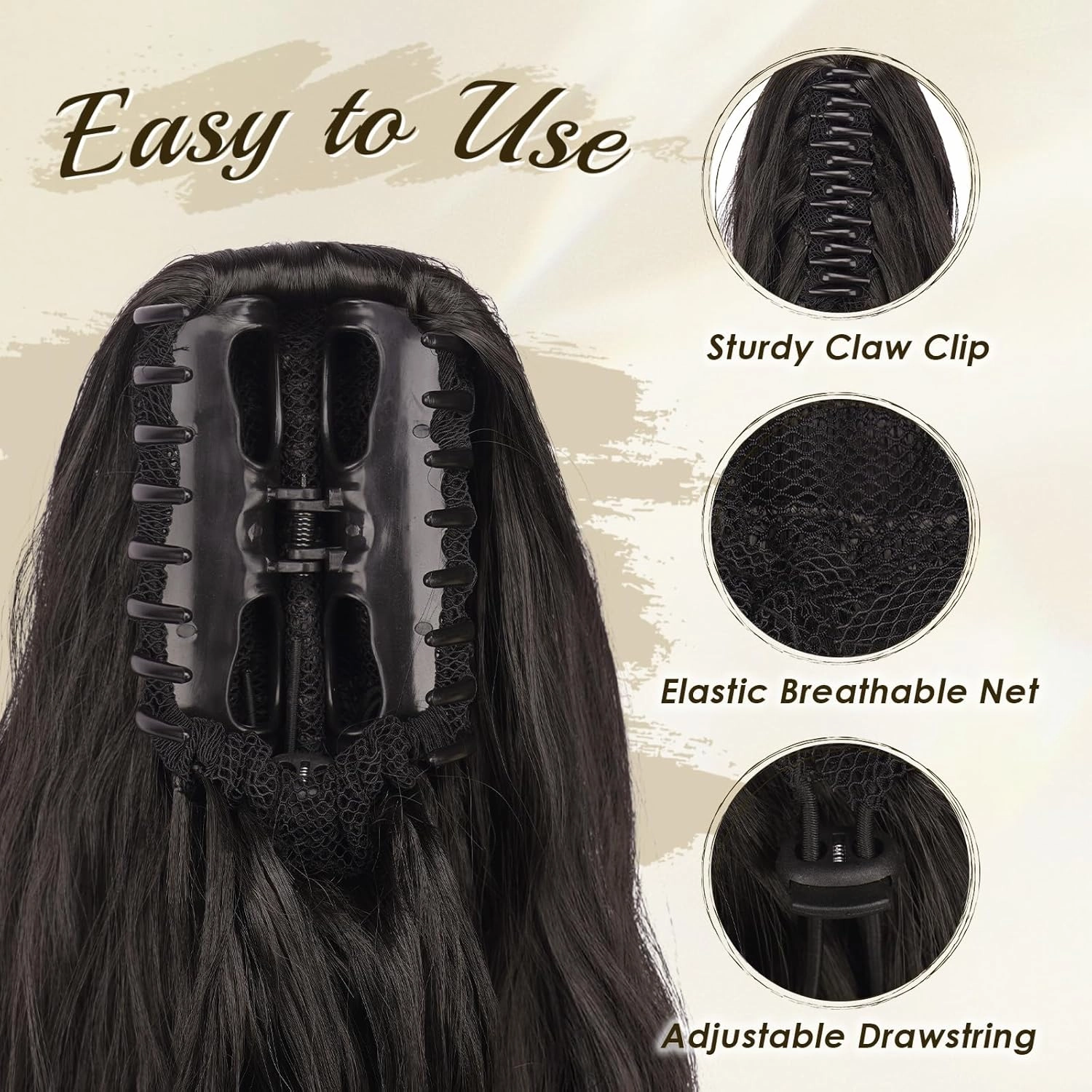 FESHFEN Ponytail Extensions, Long Claw Clip in Ponytail Hairpiece Synthetic Pony Tails Hair Piece Natural Wavy Hairpieces for Women, Natural Black 25 inch