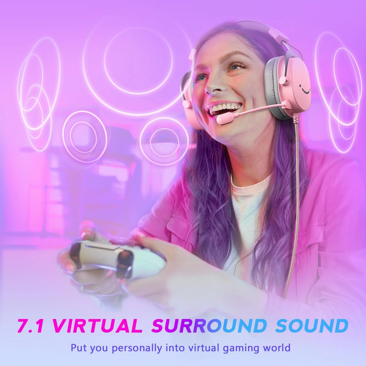 FIFINE USB Gaming Headset, PC Over-Ear Wired Streaming Headset with 3.5mm Jack, Detachable Microphone, 7.1 Surround Sound, Control Box, Passive Noise Cancellation, for PS5/Xbox/Switch-H9 Pink