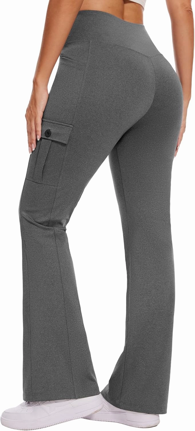 Flare Leggings for Women Yoga Crossover High Waist Pants with Tummy Control Workout Cargo with 5 Pockets Bootcut Leggings