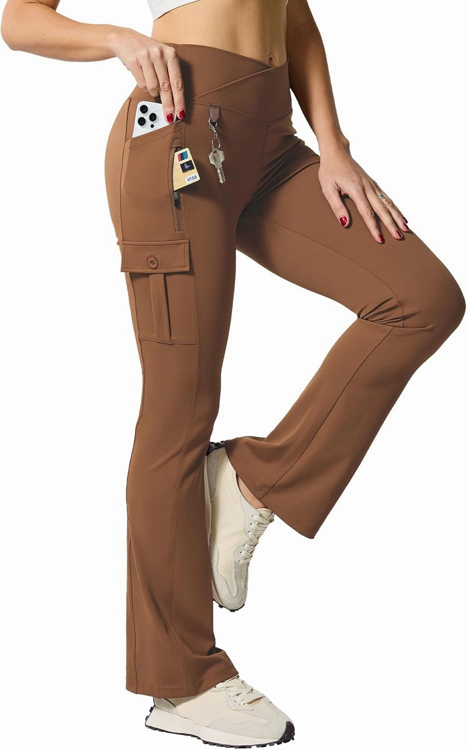 Flare Leggings for Women Yoga Crossover High Waist Pants with Tummy Control Workout Cargo with 5 Pockets Bootcut Leggings