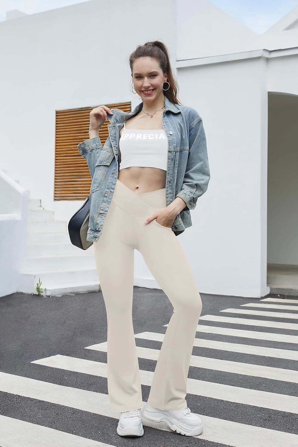 Flare Leggings for Women Yoga Pants with Pockets High Waisted Crossover Flare Leggings Bootcut Casual Yoga Pants