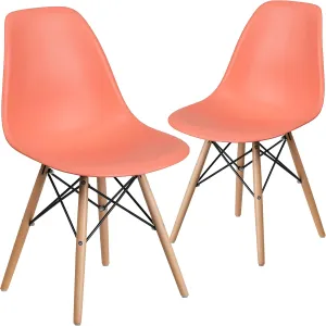 Flash Furniture 2 Pk. Elon Series Peach Plastic Chair with Wooden Legs for Versatile Kitchen, Dining Room, Living Room, Library or Desk Use
