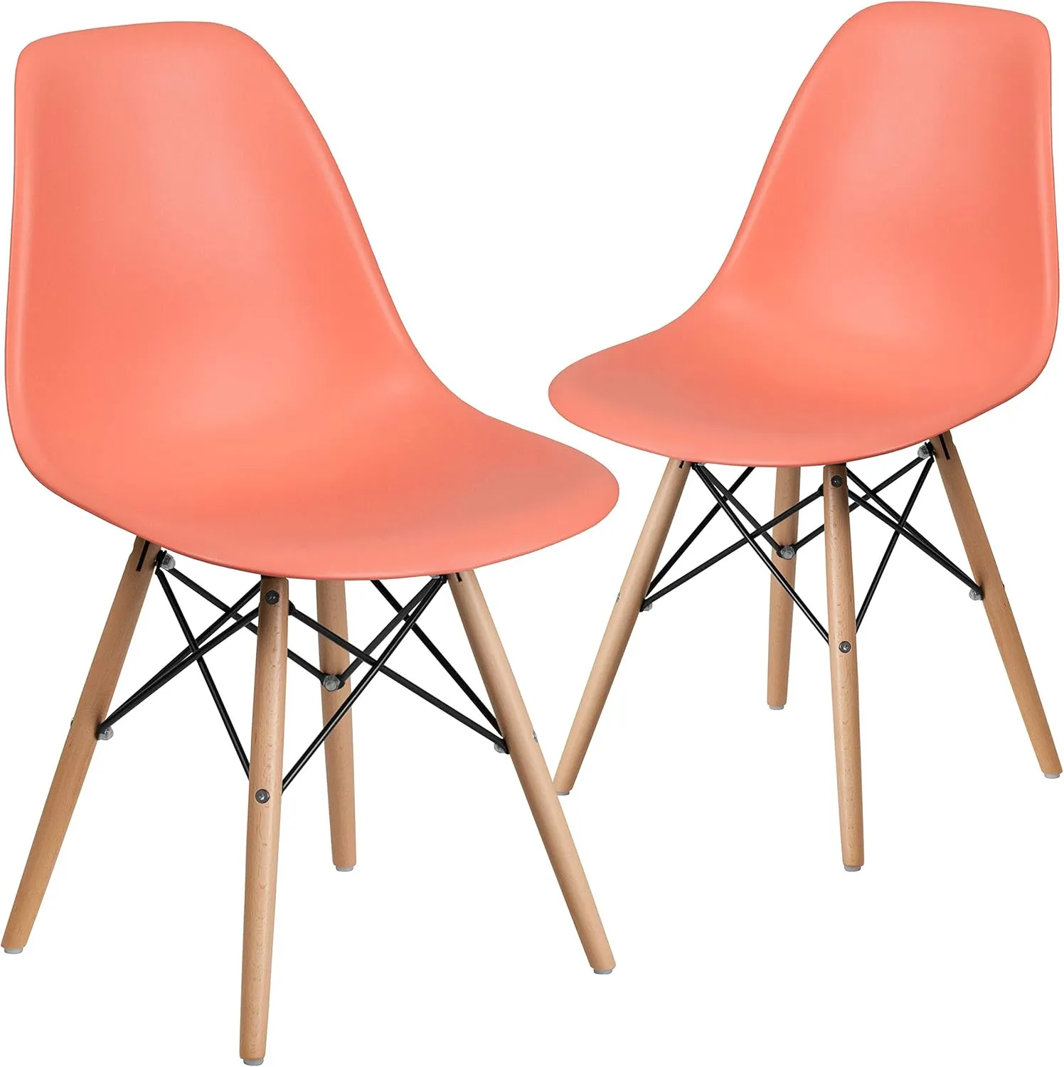 Flash Furniture 2 Pk. Elon Series Peach Plastic Chair with Wooden Legs for Versatile Kitchen, Dining Room, Living Room, Library or Desk Use