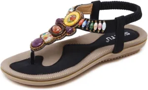 Flip Flops Sandals for Women Dressy Summer Flat Sandals Rhinestone Beaded Sandal Elastic Ankle Strap Beach Shoes