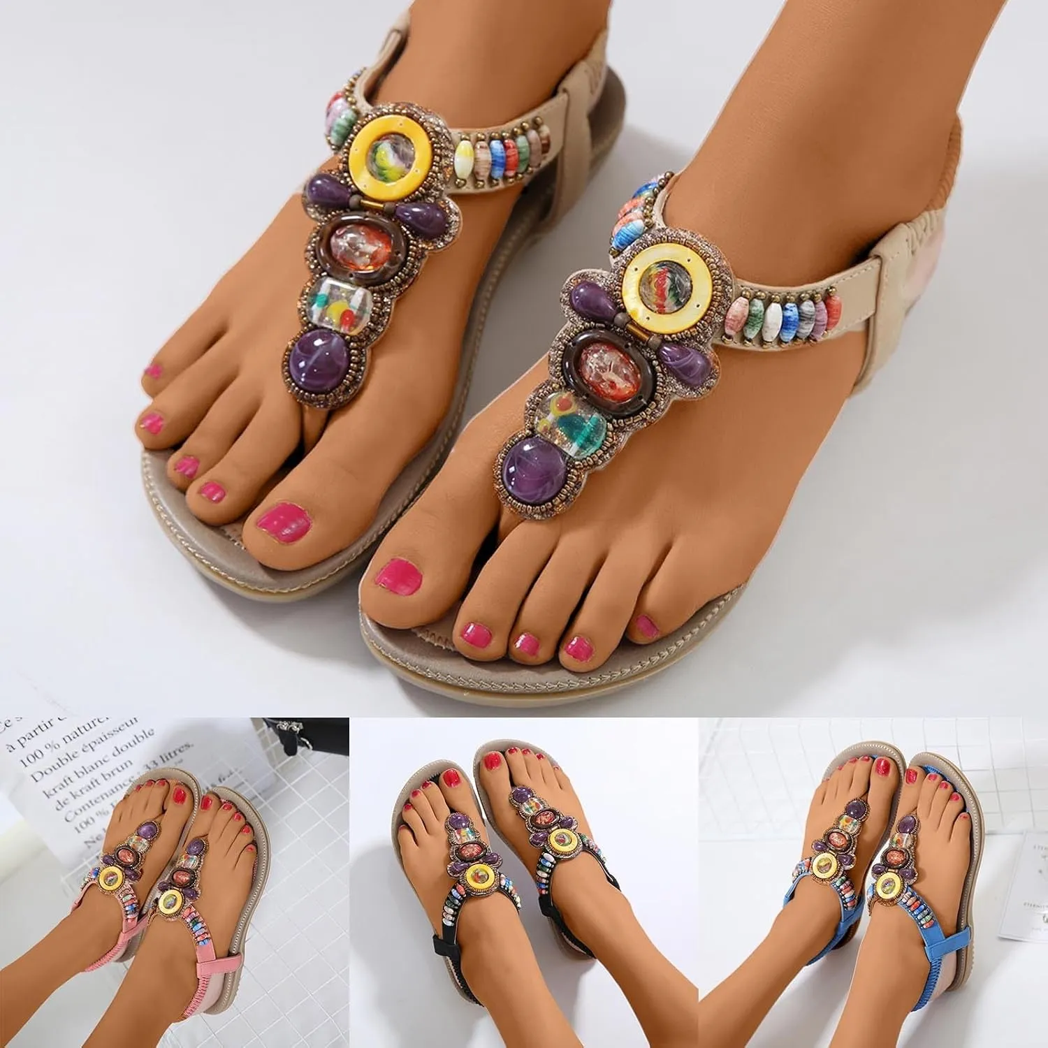 Flip Flops Sandals for Women Dressy Summer Flat Sandals Rhinestone Beaded Sandal Elastic Ankle Strap Beach Shoes