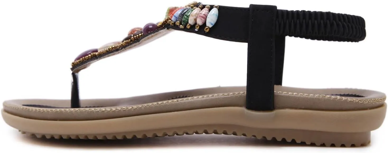 Flip Flops Sandals for Women Dressy Summer Flat Sandals Rhinestone Beaded Sandal Elastic Ankle Strap Beach Shoes