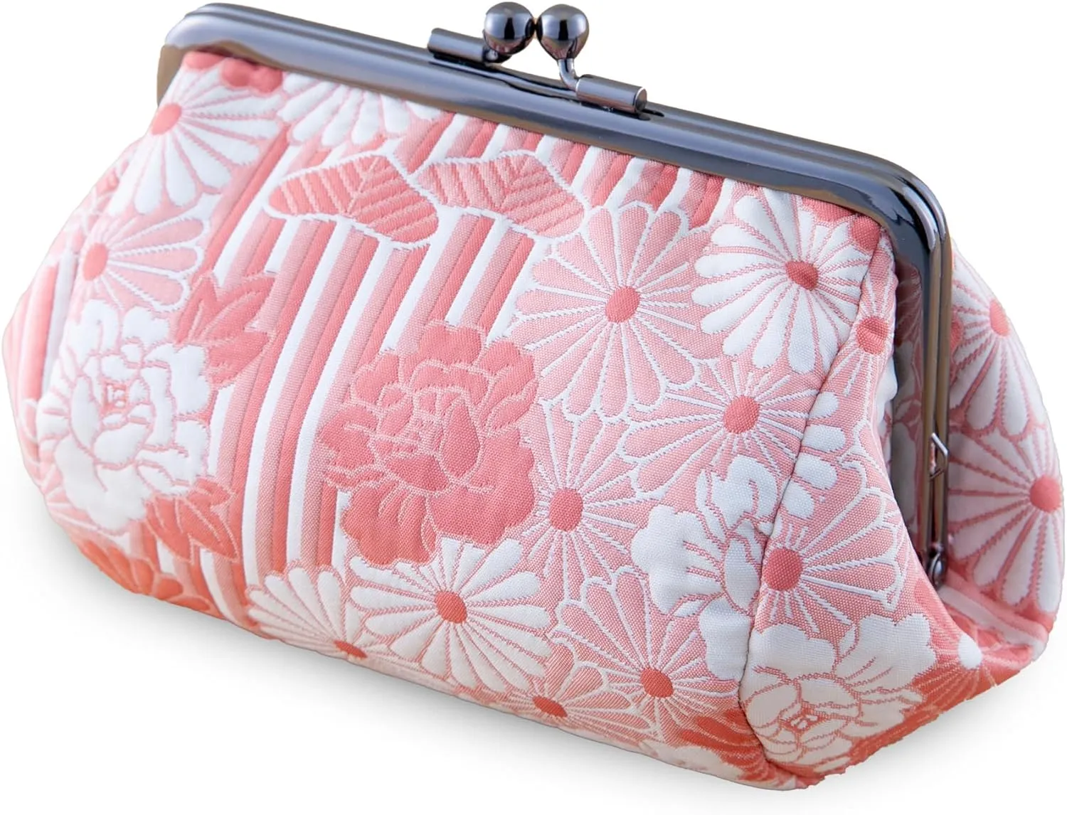 Floral Buckle Coin Purses (Kiss Lock Small Makeup bag Oval/Retro flower Kimono Cloth - Pink) / Made in Japan Change Purse Wallets Tiny Makeup Bag