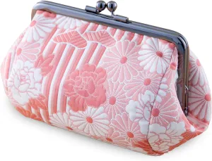 Floral Buckle Coin Purses (Kiss Lock Small Makeup bag Oval/Retro flower Kimono Cloth - Pink) / Made in Japan Change Purse Wallets Tiny Makeup Bag