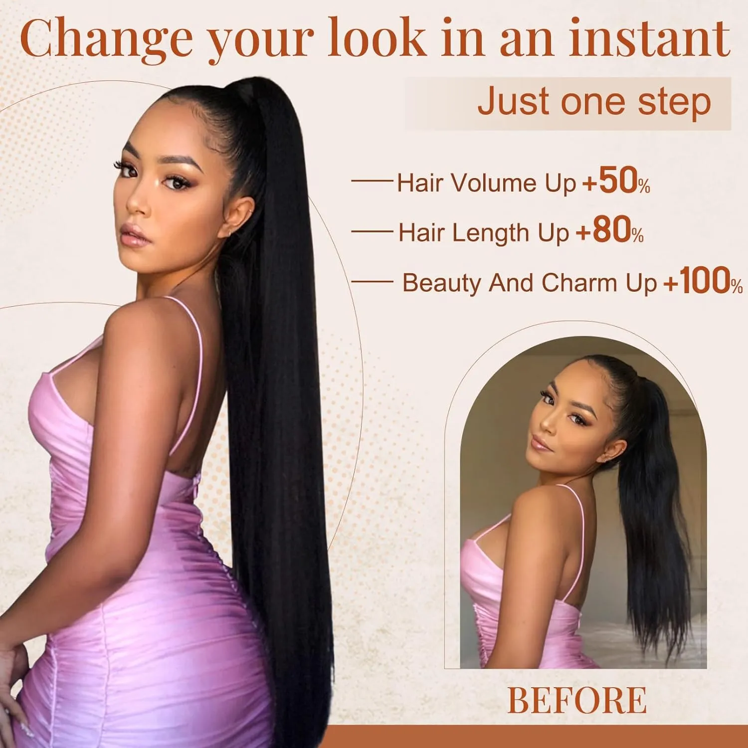 FLUFYMOOZ ponytail extension, 22 Inch Long Straight Drawstring Ponytail Synthetic Hairpieces Fake Pony Tails Natural Soft Clip in Hair Extension ponytail for Women (Natural Black)