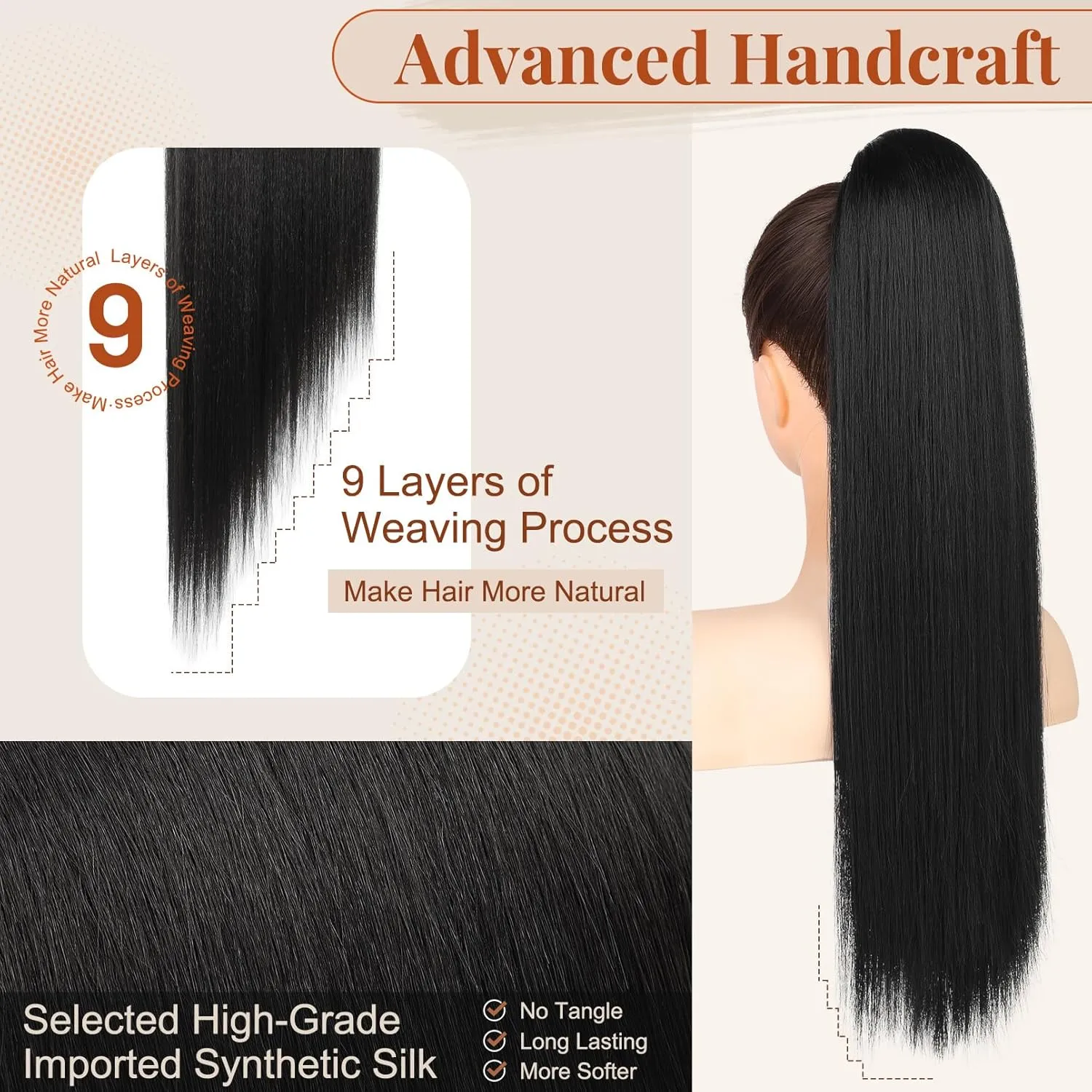FLUFYMOOZ ponytail extension, 22 Inch Long Straight Drawstring Ponytail Synthetic Hairpieces Fake Pony Tails Natural Soft Clip in Hair Extension ponytail for Women (Natural Black)