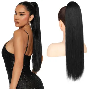 FLUFYMOOZ ponytail extension, 22 Inch Long Straight Drawstring Ponytail Synthetic Hairpieces Fake Pony Tails Natural Soft Clip in Hair Extension ponytail for Women (Natural Black)