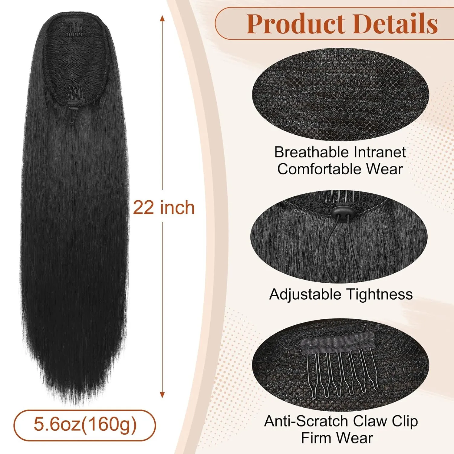 FLUFYMOOZ ponytail extension, 22 Inch Long Straight Drawstring Ponytail Synthetic Hairpieces Fake Pony Tails Natural Soft Clip in Hair Extension ponytail for Women (Natural Black)