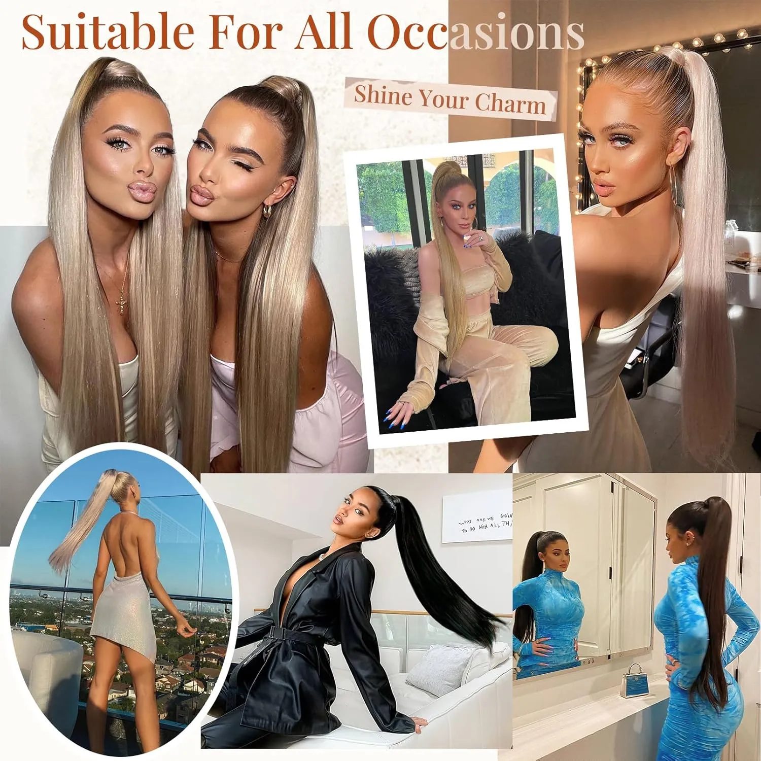 FLUFYMOOZ ponytail extension, 22 Inch Long Straight Drawstring Ponytail Synthetic Hairpieces Fake Pony Tails Natural Soft Clip in Hair Extension ponytail for Women (Natural Black)