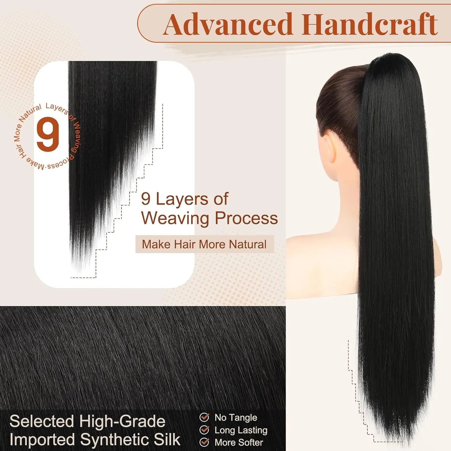 FLUFYMOOZ ponytail extension, 26 Inch Long Straight Drawstring Ponytail Synthetic Hairpieces Fake Pony Tails Natural Soft Clip in Hair Extension ponytail for Women (Natural Black)