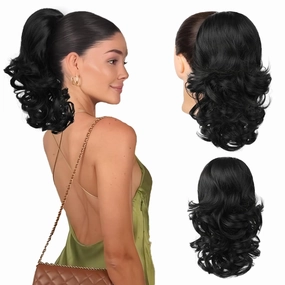 Flufymooz Ponytail Extension, 14 Inch Short Drawstring Ponytail Hair Extension for Women, Soft Synthetic Pony Tails Hairpiece for Women (Black)