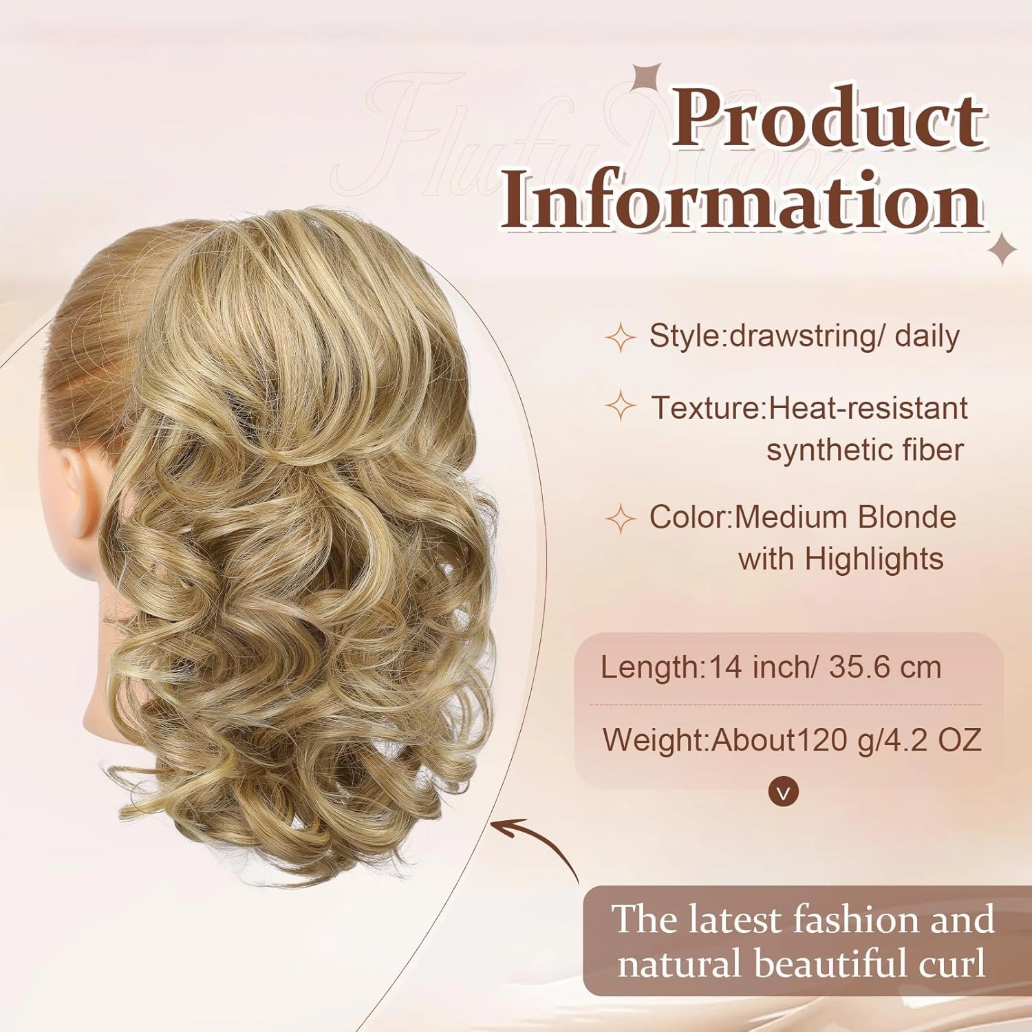 Flufymooz Ponytail Extension, 14 Inch Short Drawstring Ponytail Hair Extension for Women, Soft Synthetic Pony Tails Hairpiece for Women Medium Blonde with Highlights