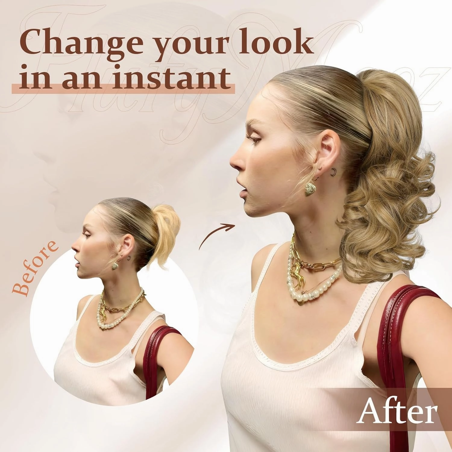 Flufymooz Ponytail Extension, 14 Inch Short Drawstring Ponytail Hair Extension for Women, Soft Synthetic Pony Tails Hairpiece for Women Medium Blonde with Highlights