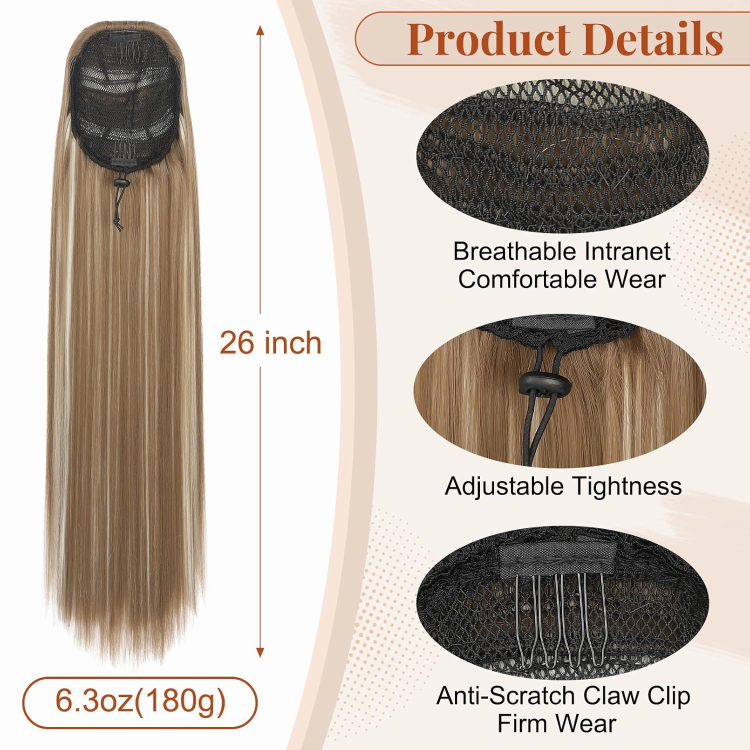 Flufymooz ponytail extension, 26 Inch Long Straight Drawstring Ponytail Synthetic Hairpieces Fake Pony Tails Natural Soft Clip in Hair Extension Pony Tail for Women (Ash Brown with Blonde Highlights)
