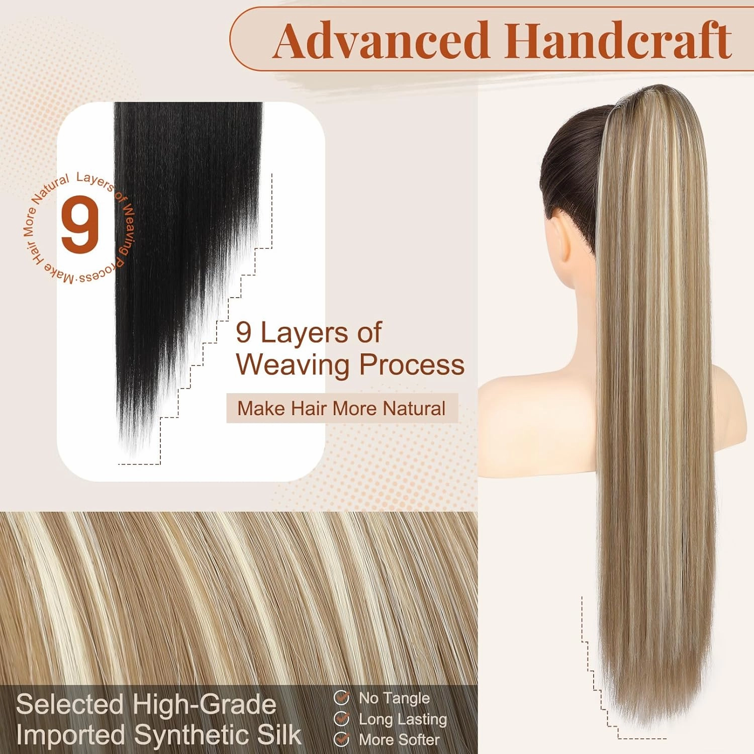 Flufymooz ponytail extension, 26 Inch Long Straight Drawstring Ponytail Synthetic Hairpieces Fake Pony Tails Natural Soft Clip in Hair Extension Pony Tail for Women (Ash Brown with Blonde Highlights)
