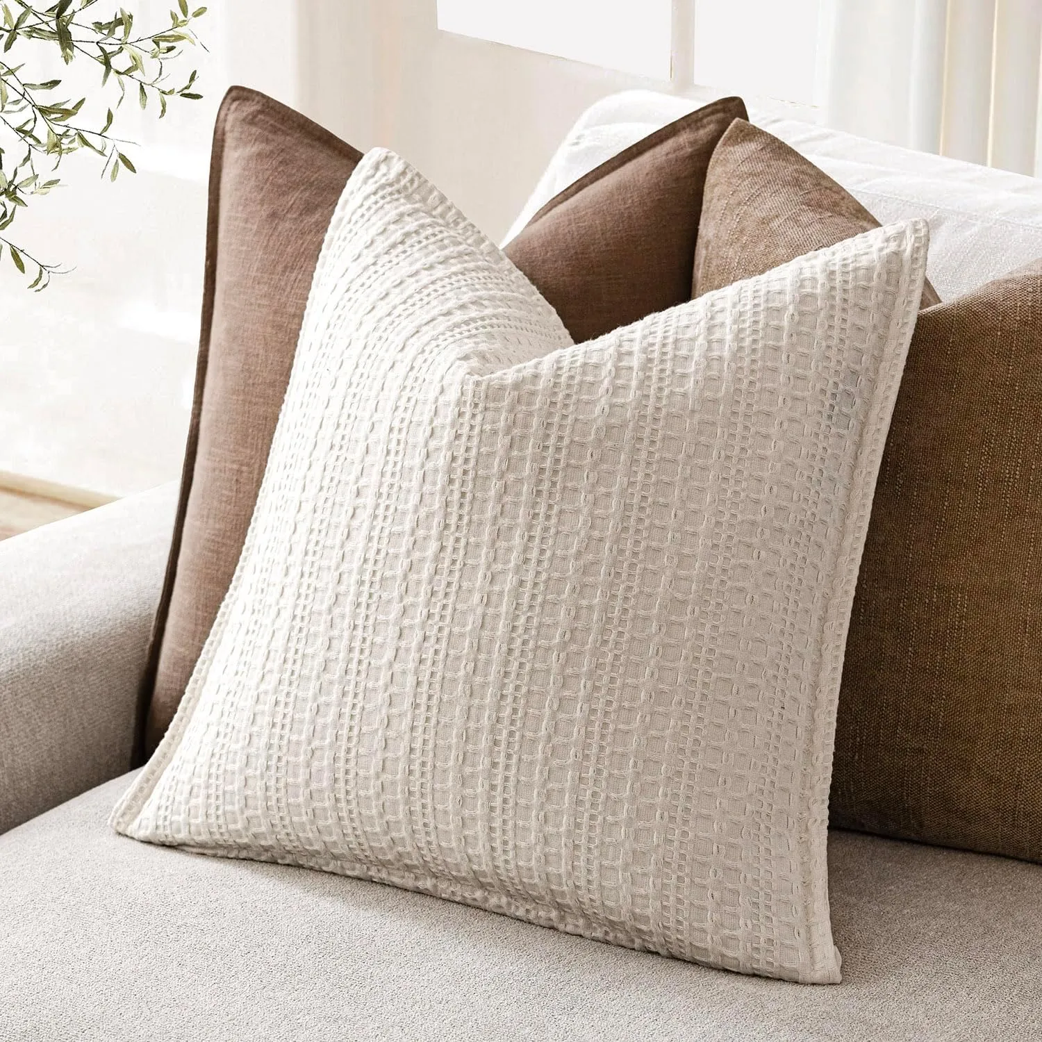 Foindtower Set of 2 Decorative Cotton Waffle Weave Throw Pillow Covers Euro Shams Cushion Covers Accent European Pillowcase for Bed Couch Sofa Bedroom Living Room Home Decor 18×18 Inch Natural Ivory