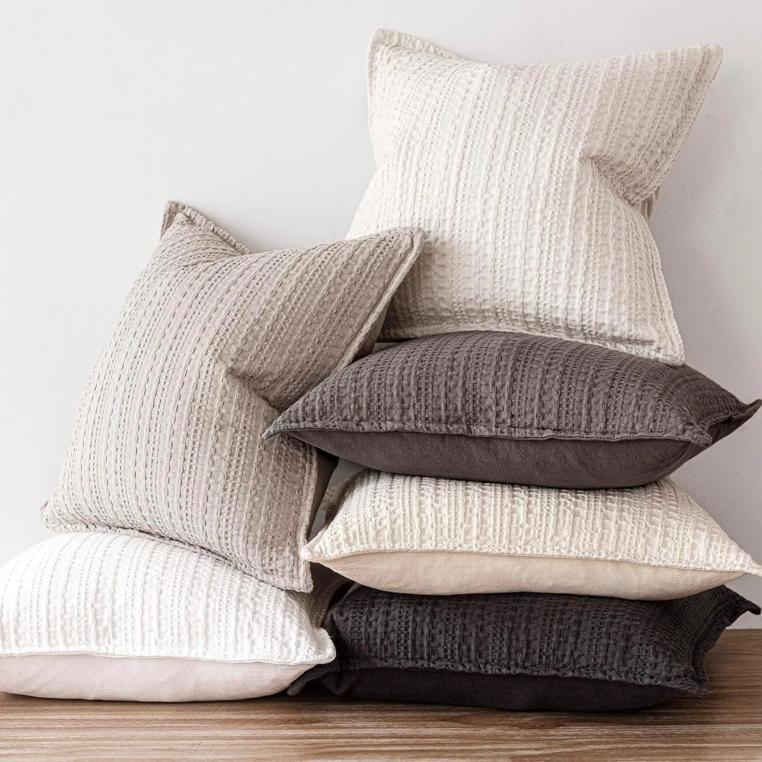 Foindtower Set of 2 Decorative Cotton Waffle Weave Throw Pillow Covers Euro Shams Cushion Covers Accent European Pillowcase for Bed Couch Sofa Bedroom Living Room Home Decor 18×18 Inch Natural Ivory