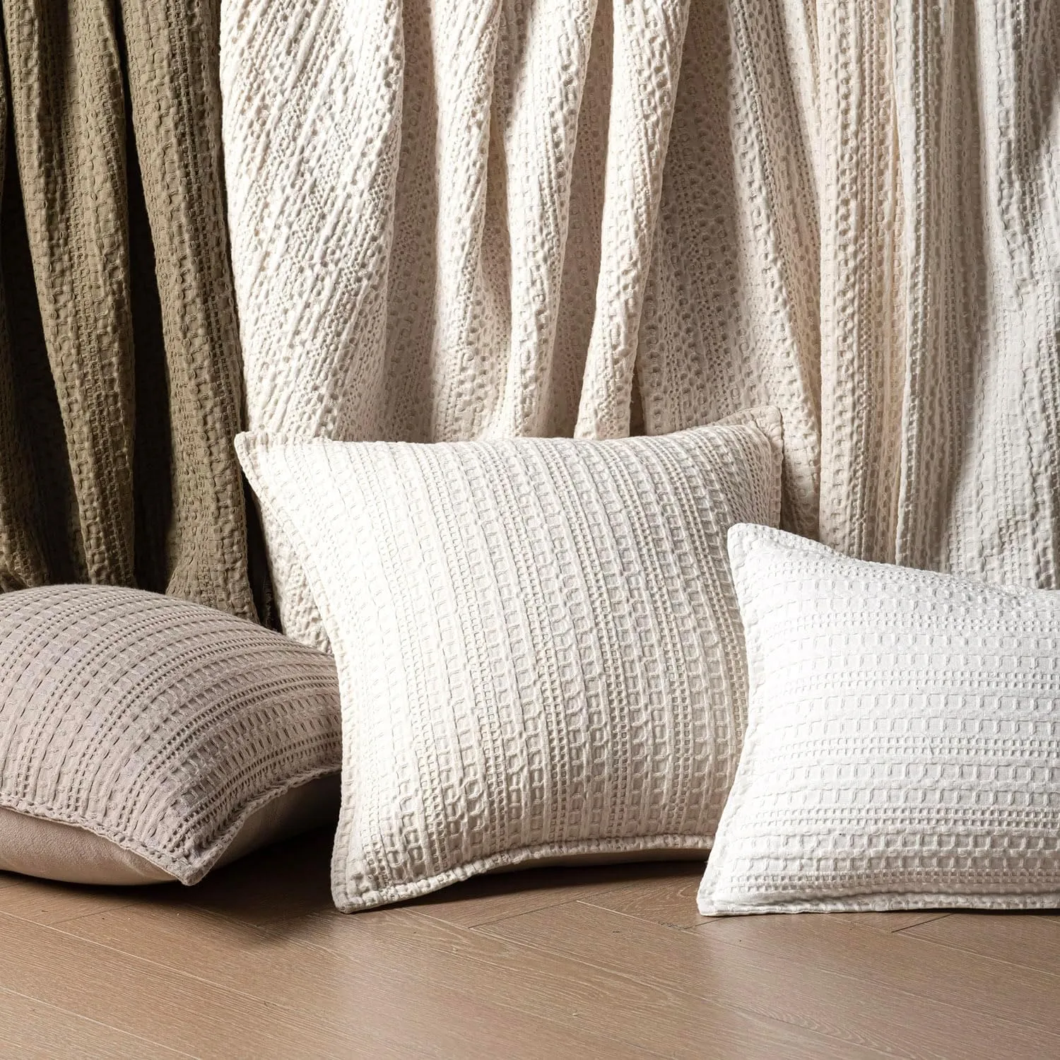 Foindtower Set of 2 Decorative Cotton Waffle Weave Throw Pillow Covers Euro Shams Cushion Covers Accent European Pillowcase for Bed Couch Sofa Bedroom Living Room Home Decor 18×18 Inch Natural Ivory