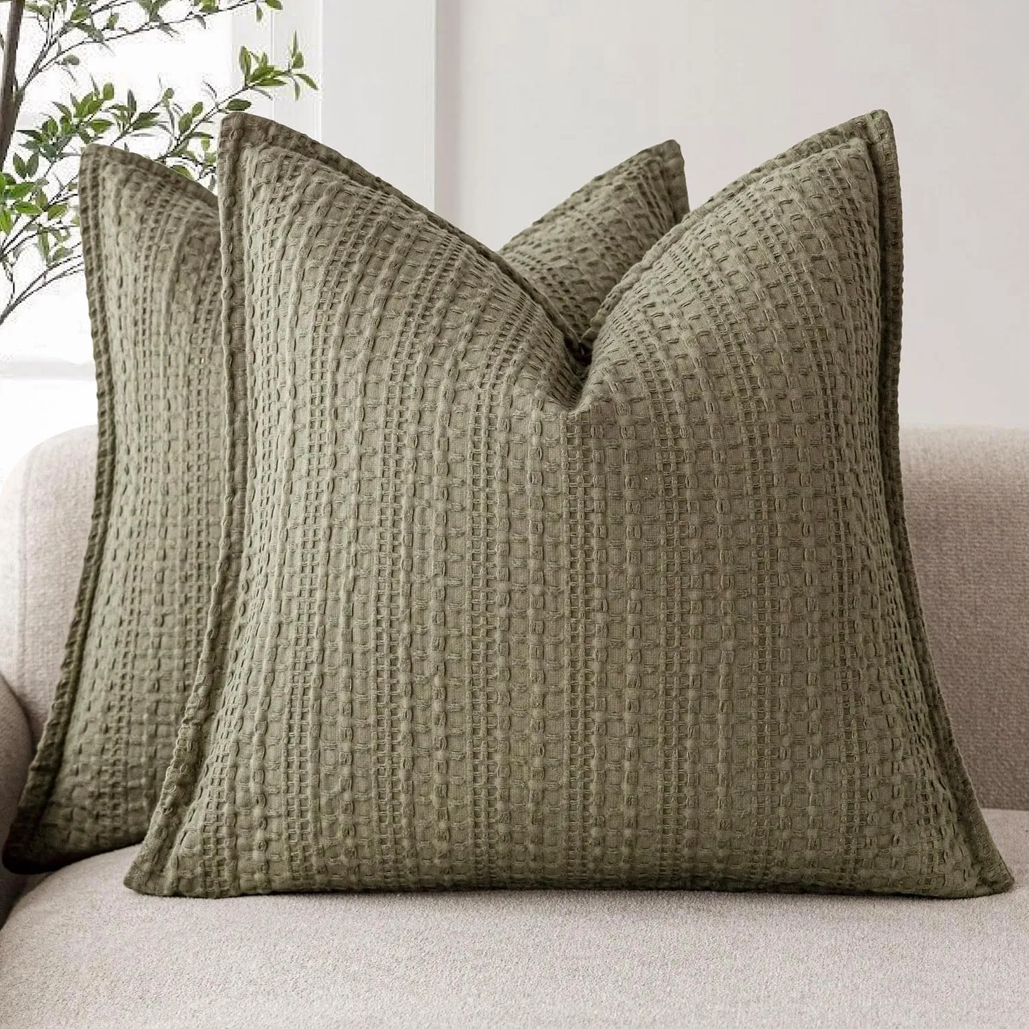 Foindtower Set of 2 Decorative Cotton Waffle Weave Throw Pillow Covers Euro Shams Cushion Covers Accent European Pillowcase for Bed Couch Sofa Bedroom Living Room Home Decor 18×18 Inch Olive Green