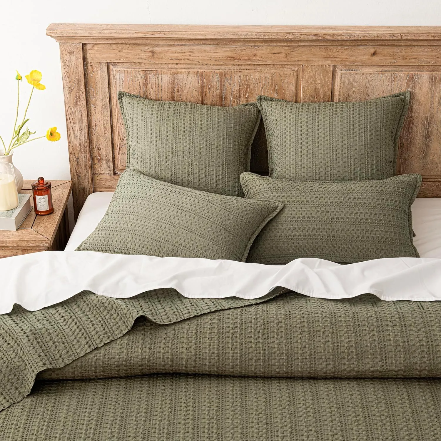 Foindtower Set of 2 Decorative Cotton Waffle Weave Throw Pillow Covers Euro Shams Cushion Covers Accent European Pillowcase for Bed Couch Sofa Bedroom Living Room Home Decor 18×18 Inch Olive Green