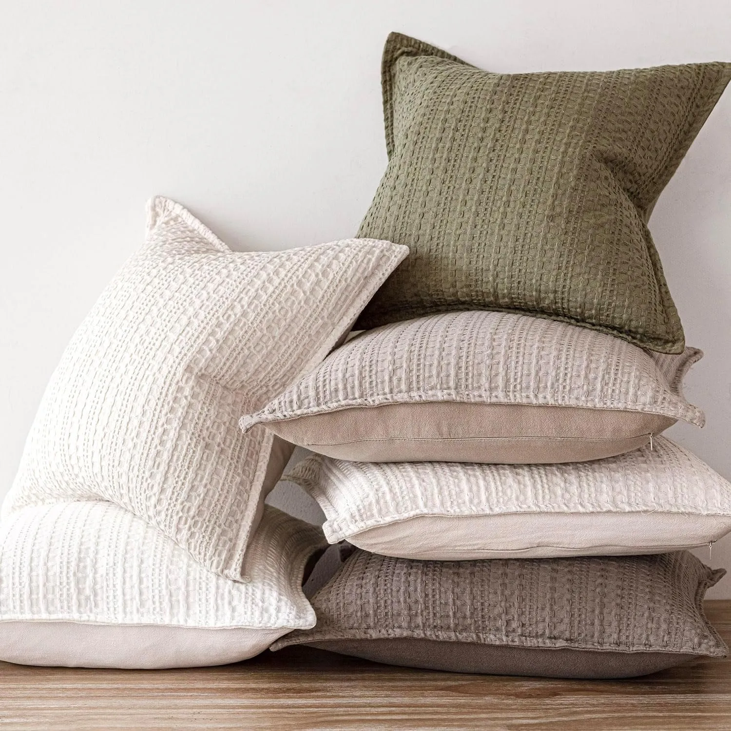 Foindtower Set of 2 Decorative Cotton Waffle Weave Throw Pillow Covers Euro Shams Cushion Covers Accent European Pillowcase for Bed Couch Sofa Bedroom Living Room Home Decor 18×18 Inch Olive Green