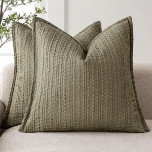 Foindtower Set of 2 Decorative Cotton Waffle Weave Throw Pillow Covers Euro Shams Cushion Covers Accent European Pillowcase for Bed Couch Sofa Bedroom Living Room Home Decor 18×18 Inch Olive Green