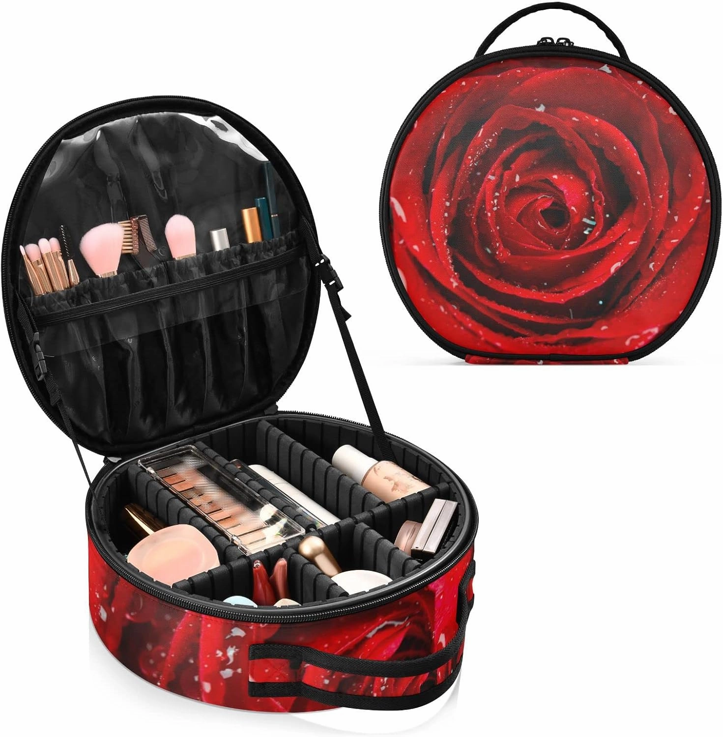 Fresh Red Rose Bud, The Petals of Red Roses with Water Women's Portable Round Makeup Bag with Handle, Cosmetic Bag, Adjustable Dividers, Travel Cosmetic Storage 11 x 3.5 x 10 inch