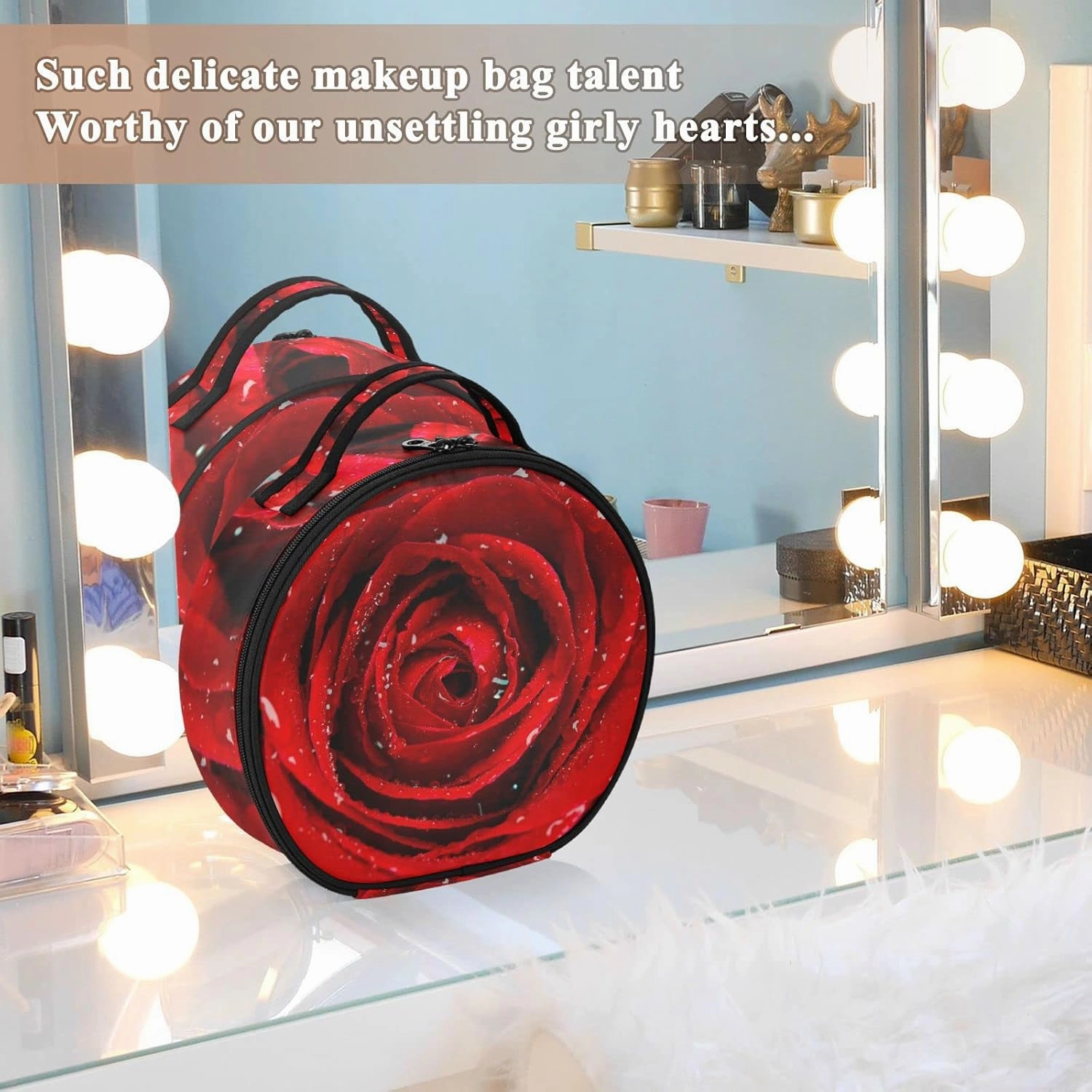Fresh Red Rose Bud, The Petals of Red Roses with Water Women's Portable Round Makeup Bag with Handle, Cosmetic Bag, Adjustable Dividers, Travel Cosmetic Storage 11 x 3.5 x 10 inch