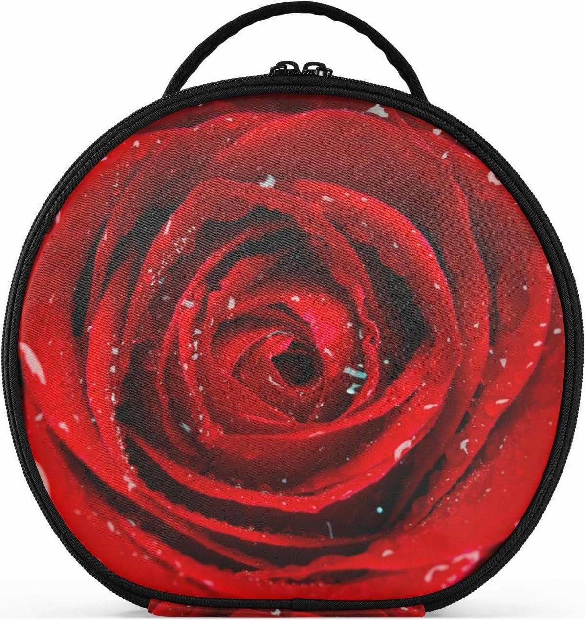 Fresh Red Rose Bud, The Petals of Red Roses with Water Women's Portable Round Makeup Bag with Handle, Cosmetic Bag, Adjustable Dividers, Travel Cosmetic Storage 11 x 3.5 x 10 inch