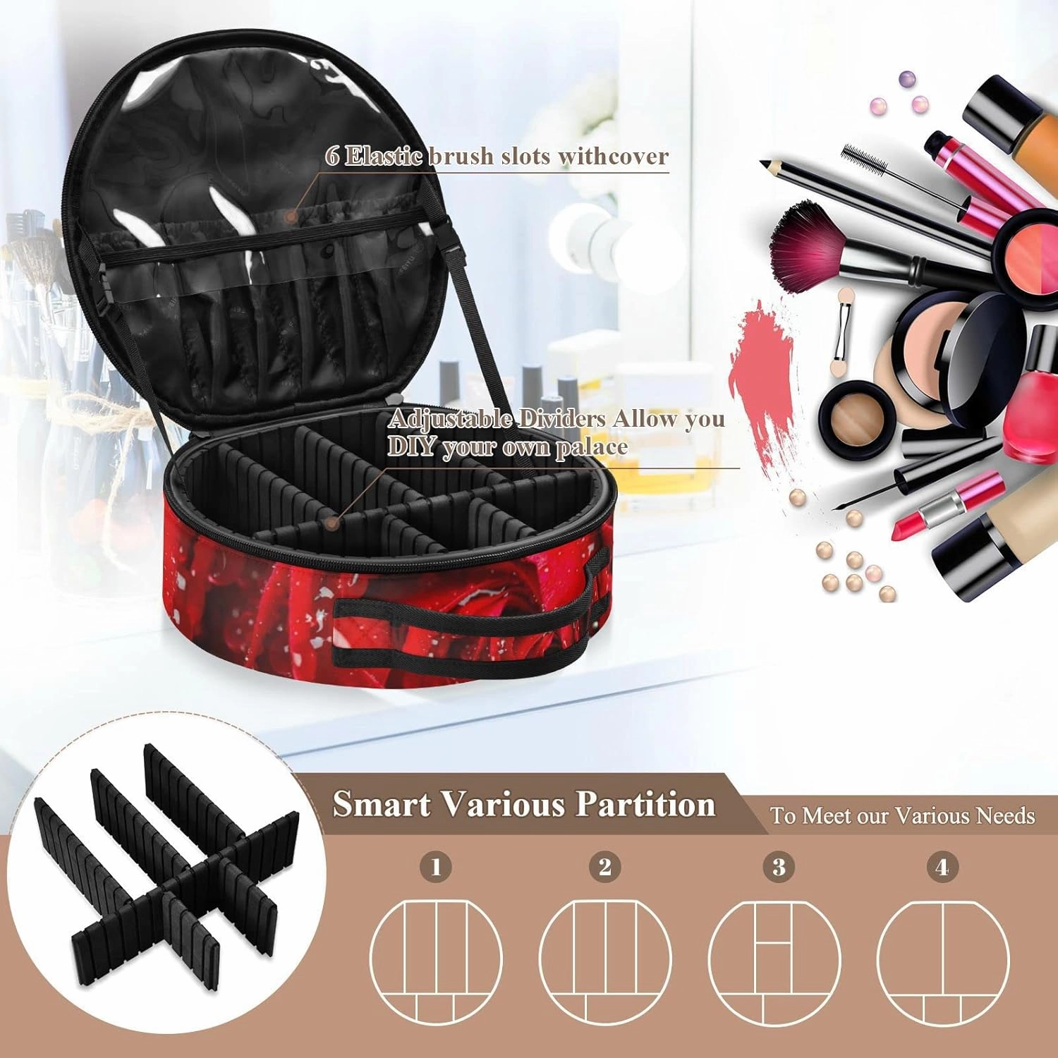 Fresh Red Rose Bud, The Petals of Red Roses with Water Women's Portable Round Makeup Bag with Handle, Cosmetic Bag, Adjustable Dividers, Travel Cosmetic Storage 11 x 3.5 x 10 inch