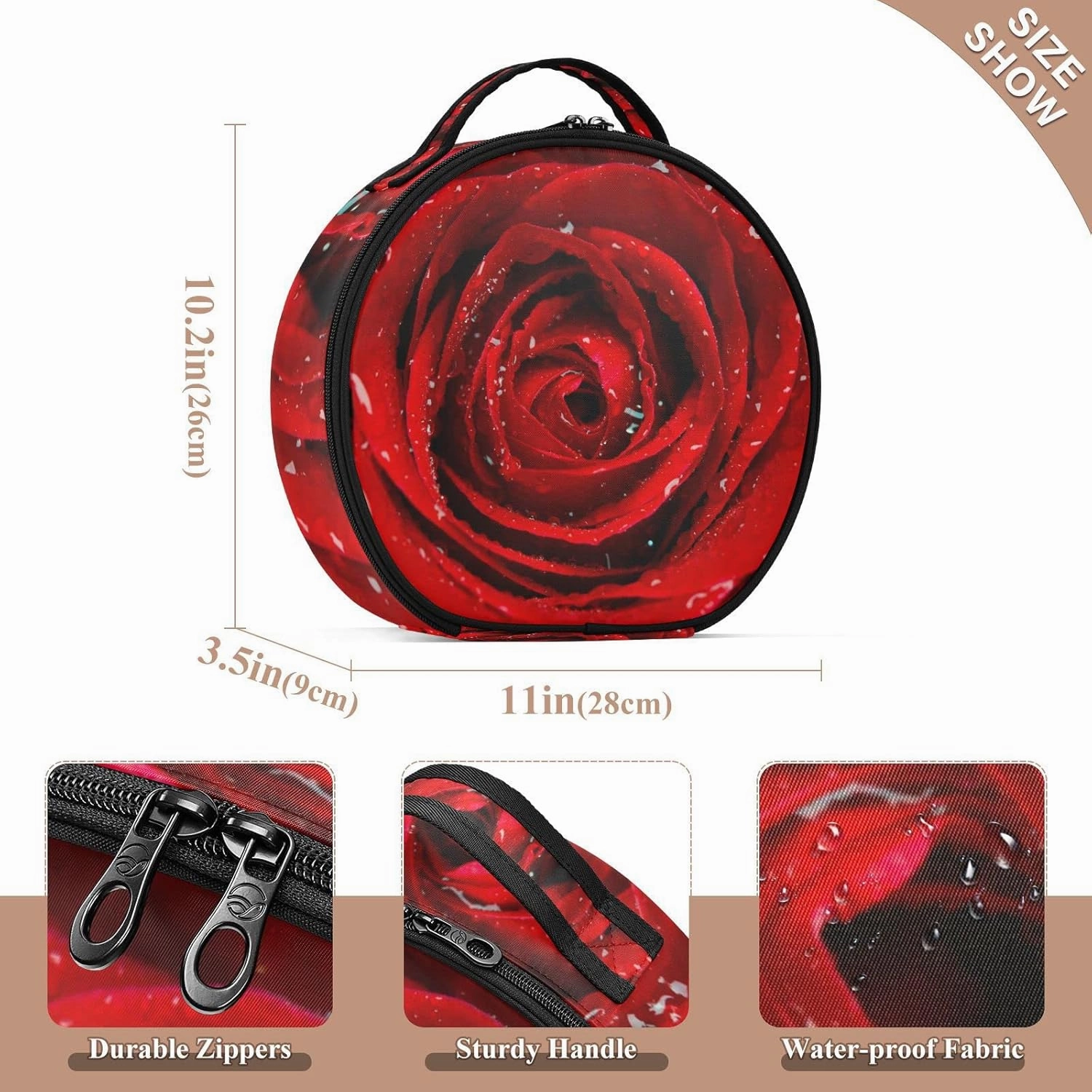 Fresh Red Rose Bud, The Petals of Red Roses with Water Women's Portable Round Makeup Bag with Handle, Cosmetic Bag, Adjustable Dividers, Travel Cosmetic Storage 11 x 3.5 x 10 inch