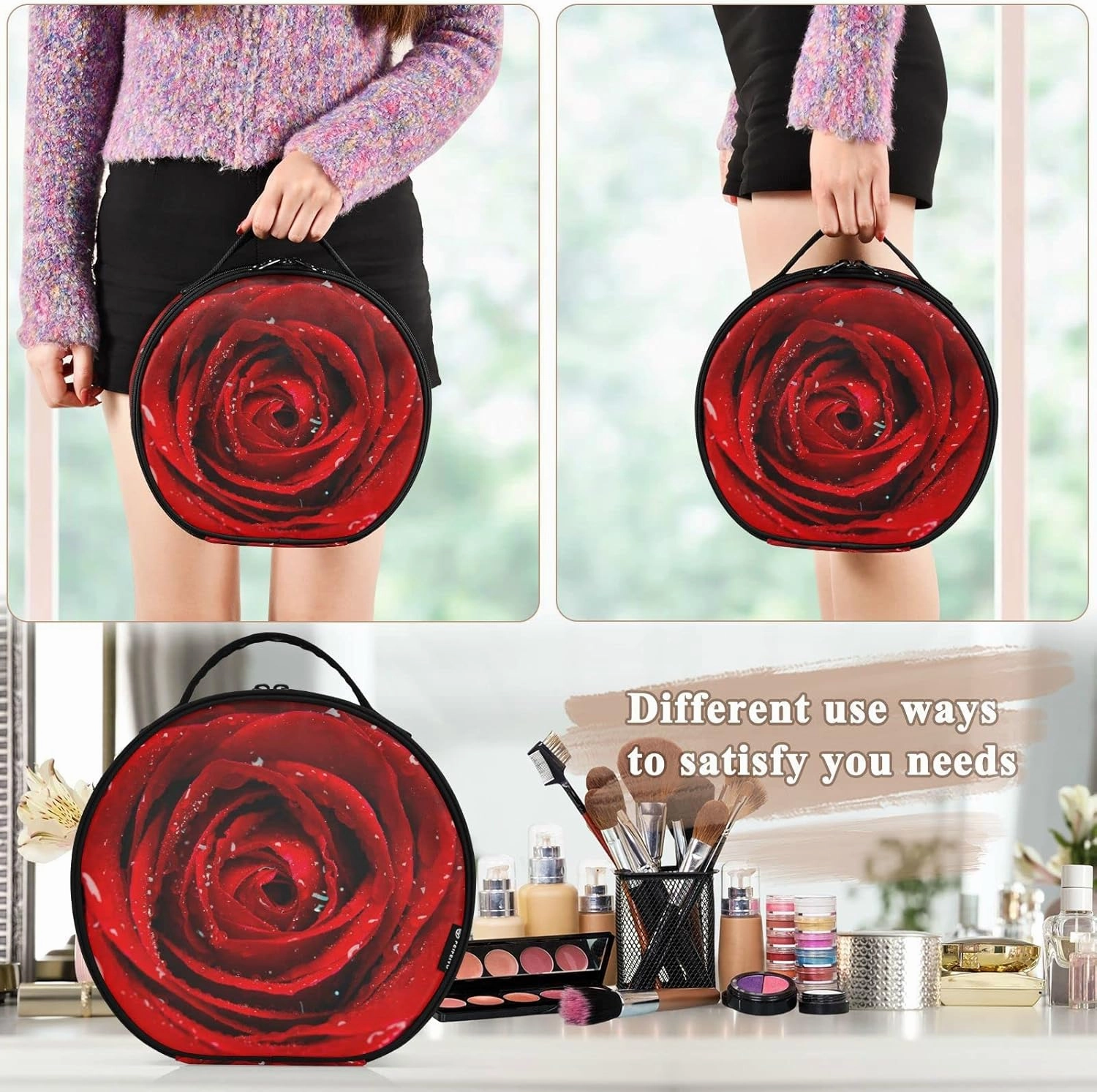 Fresh Red Rose Bud, The Petals of Red Roses with Water Women's Portable Round Makeup Bag with Handle, Cosmetic Bag, Adjustable Dividers, Travel Cosmetic Storage 11 x 3.5 x 10 inch