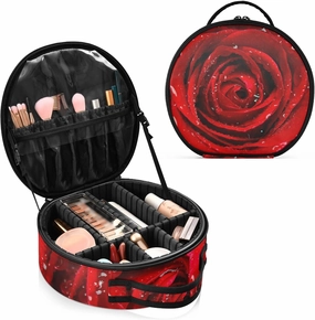 Fresh Red Rose Bud, The Petals of Red Roses with Water Women's Portable Round Makeup Bag with Handle, Cosmetic Bag, Adjustable Dividers, Travel Cosmetic Storage 11 x 3.5 x 10 inch