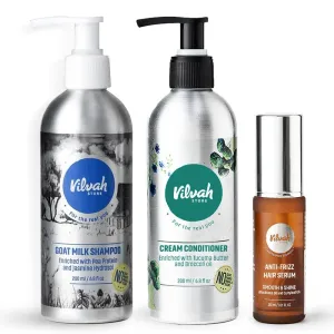Frizz Free Hair Combo, Anti Frizz Hair Serum   Goat Milk Shampoo   Cream Conditioner Great for Dry, Damaged, and Frizzy Hair, 430ml
