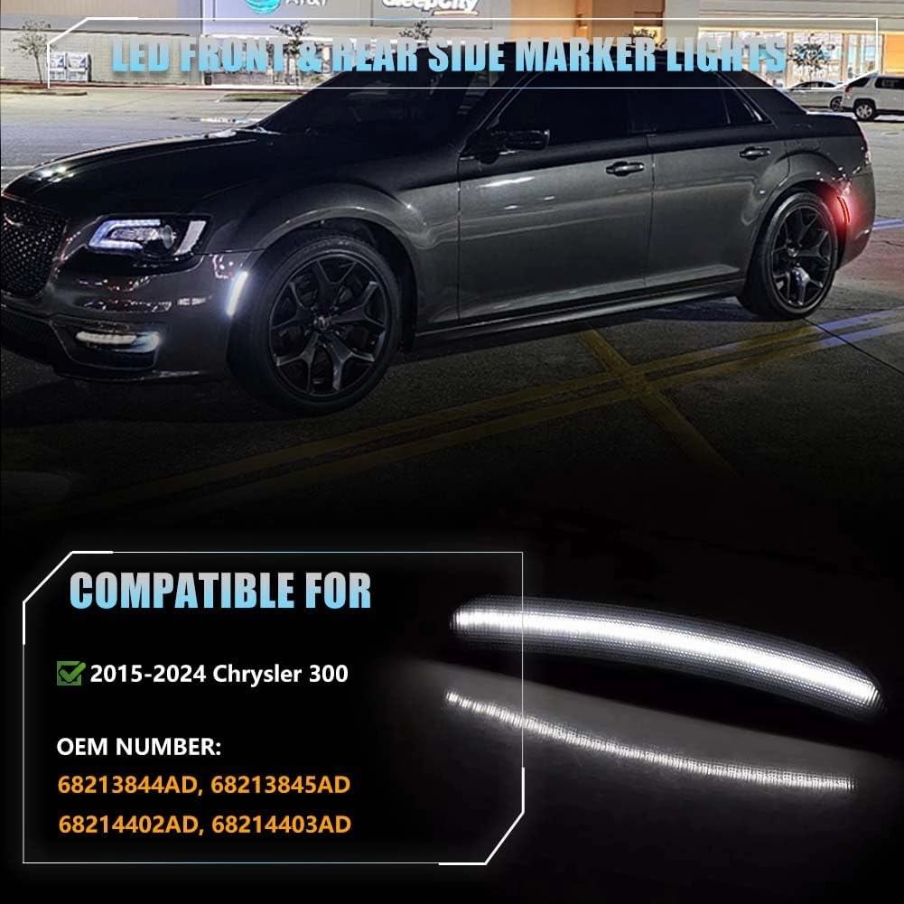 Front & Rear LED Side Marker Lights for Chrysler 300 2015-2024, 300 Smoked Lens Side Bumper Marker Lights, Chrysler White & Red LED Turn Signal Lamps, 4 PCS