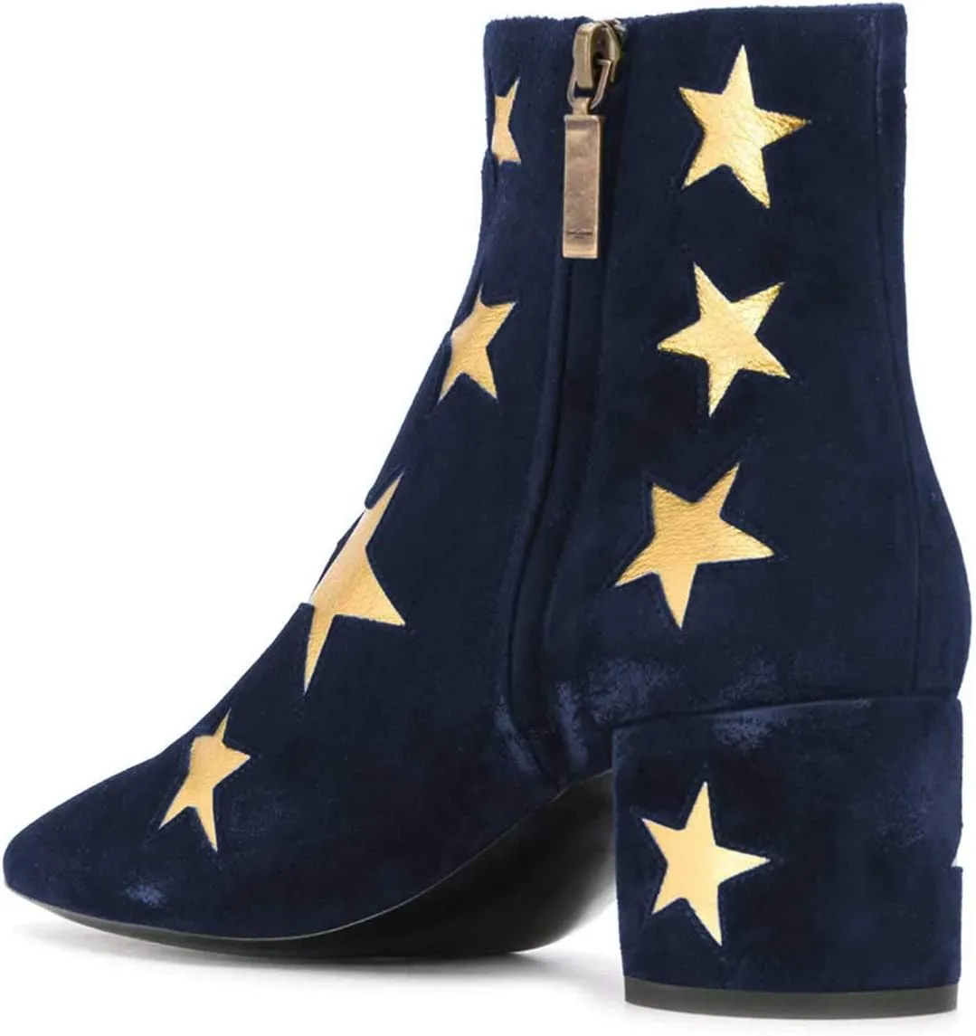 FSJ Women Western Square Toe Dressy Ankle Boot Gold Star Block Heel Faux Suede Zipper Short Bootie Size 4-15 US