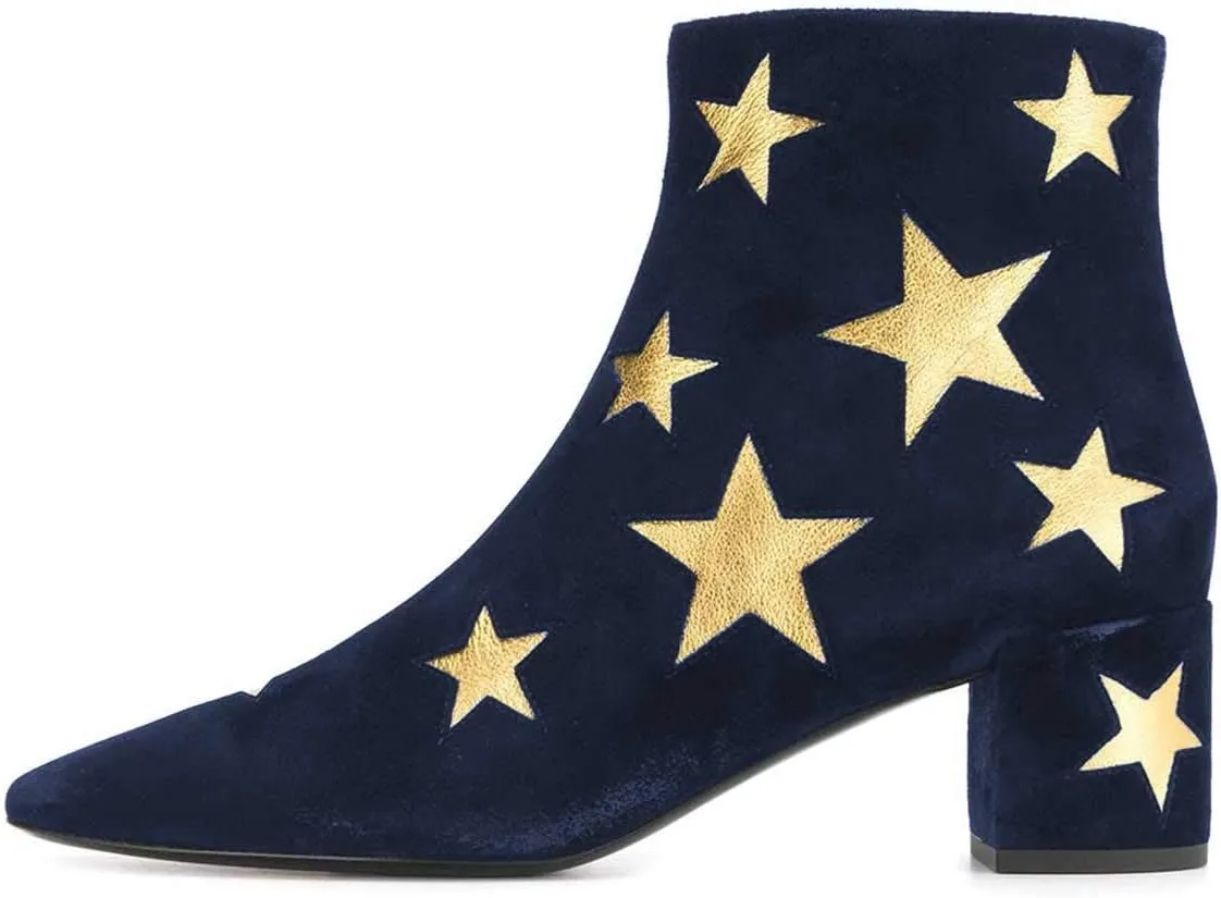 FSJ Women Western Square Toe Dressy Ankle Boot Gold Star Block Heel Faux Suede Zipper Short Bootie Size 4-15 US
