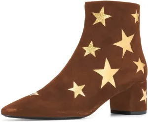 FSJ Women Western Square Toe Dressy Ankle Boot Gold Star Block Heel Faux Suede Zipper Short Bootie Size 4-15 US